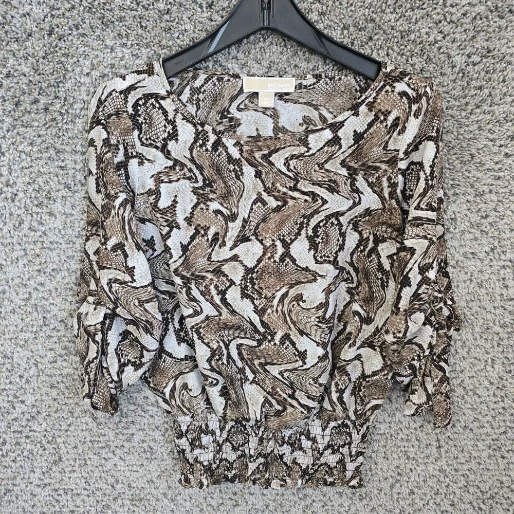 Michael Kors Top Womens XS Brown Snake‎ Print Semi Sheer Blouse Roll Tab Sleeve